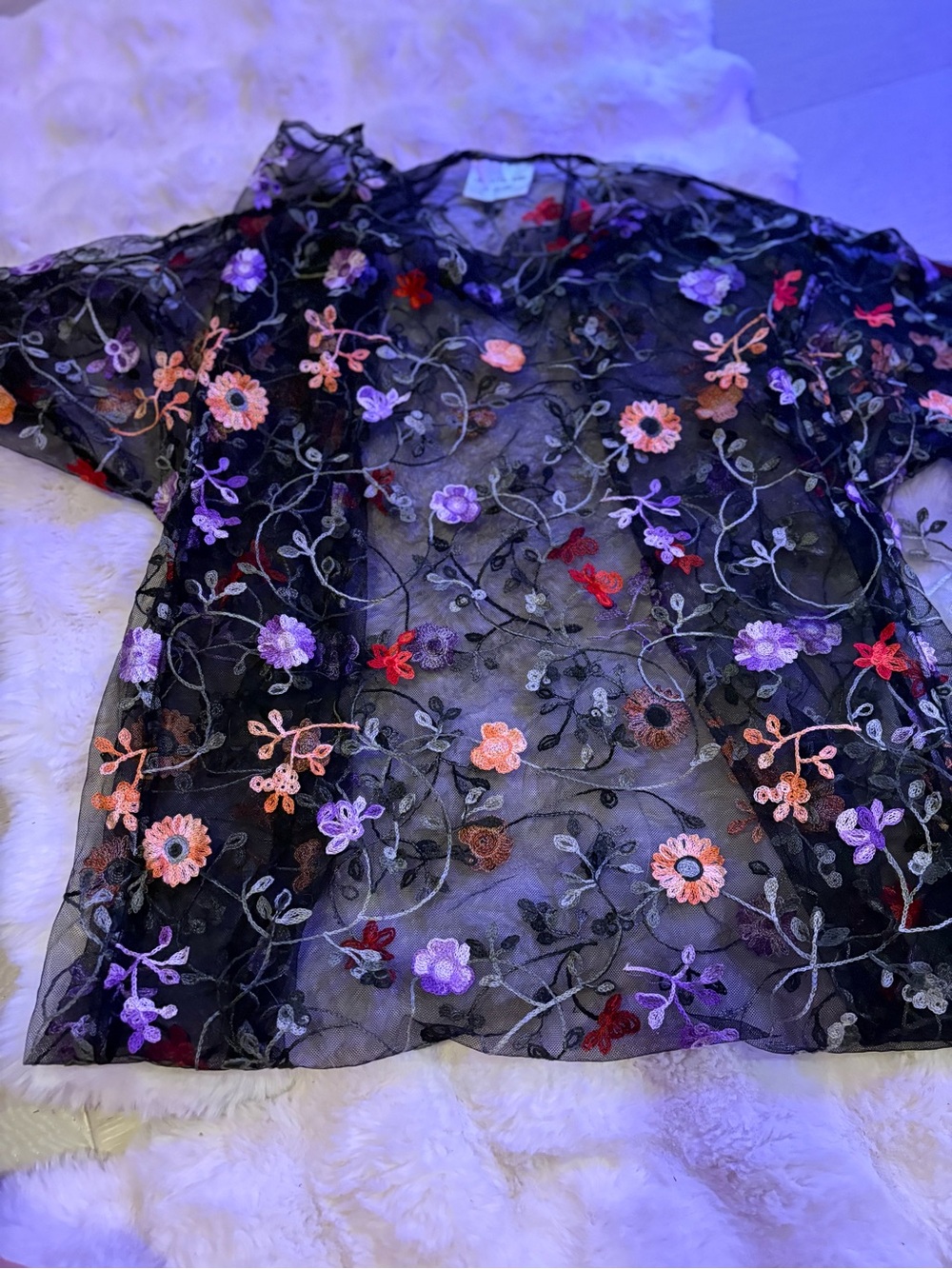 🌼Handmade One of a Kind Embroidered Flower Garden Kimono Robe 🌸Black Tulle✨S/M